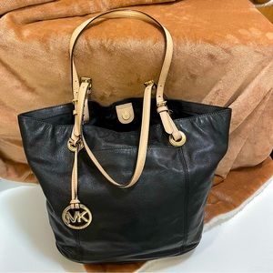 Michael Kors Black Satchel Soft Slouchy Tan leather strap handles. Like New